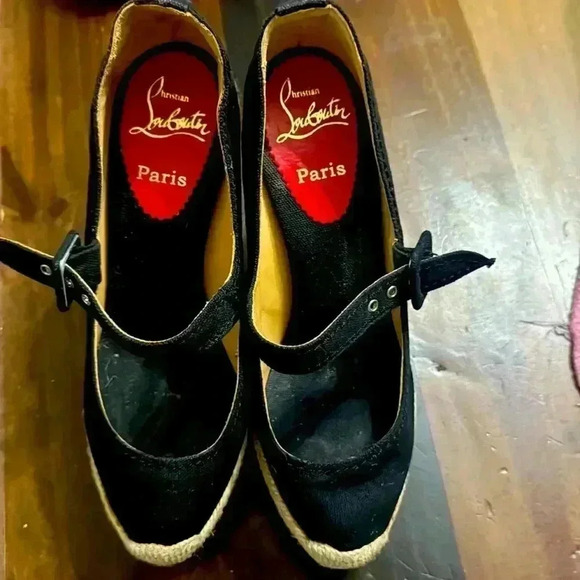 CHRISTIAN LOUBOUTIN Mallorca Canvas Espadrille Wedges 38 8 Black Mary-Jane - Picture 3 of 5